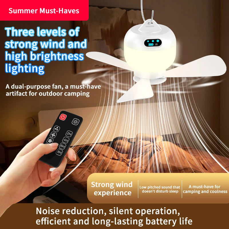 2025 New Remote Control Timer Portable Outdoor Ceiling Camping Fan Tent Air Circulator Cooler LED Lantern Camping Fan LED Light