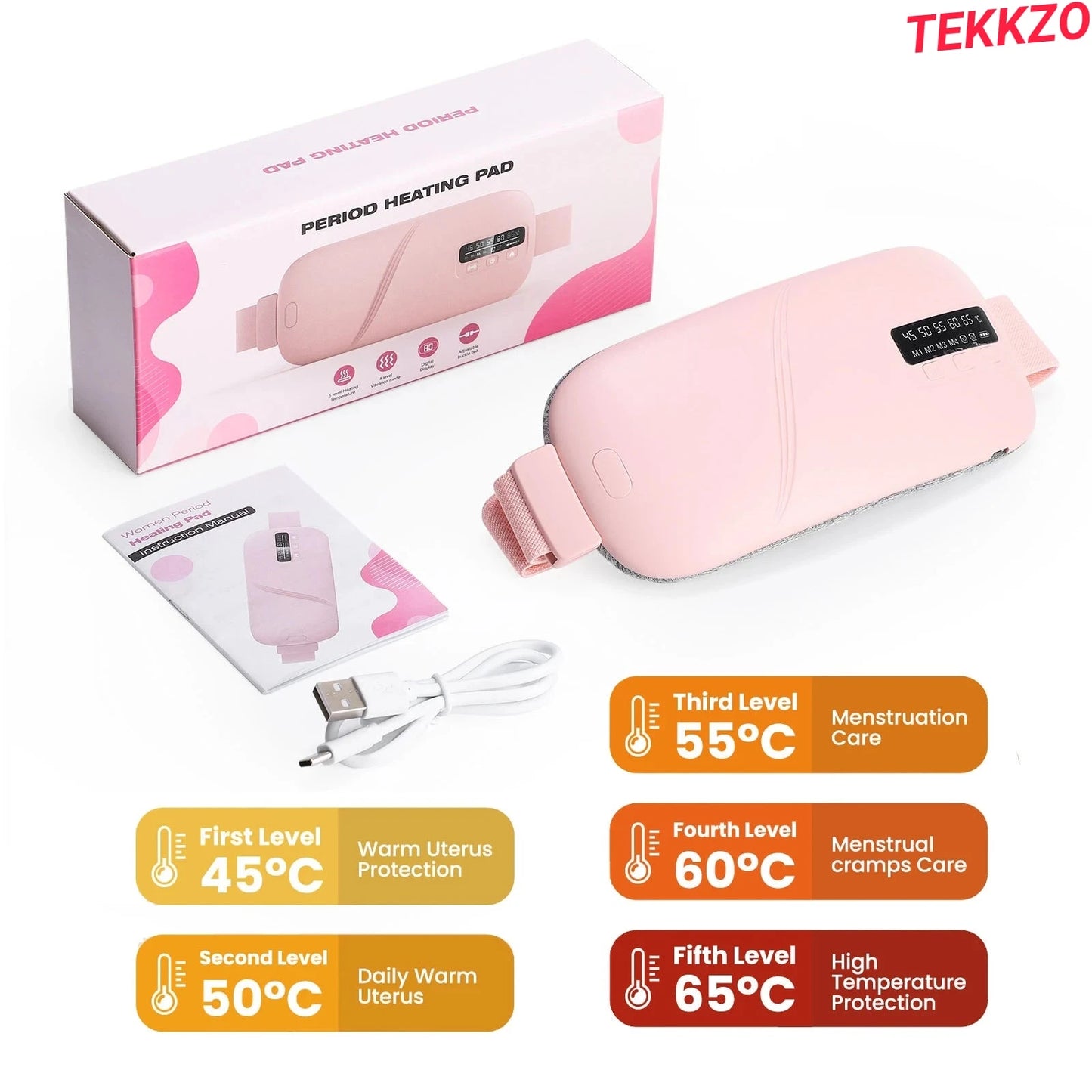 Pink electric period heating pad with adjustable strap, digital display, USB charging cable, and instruction manual
