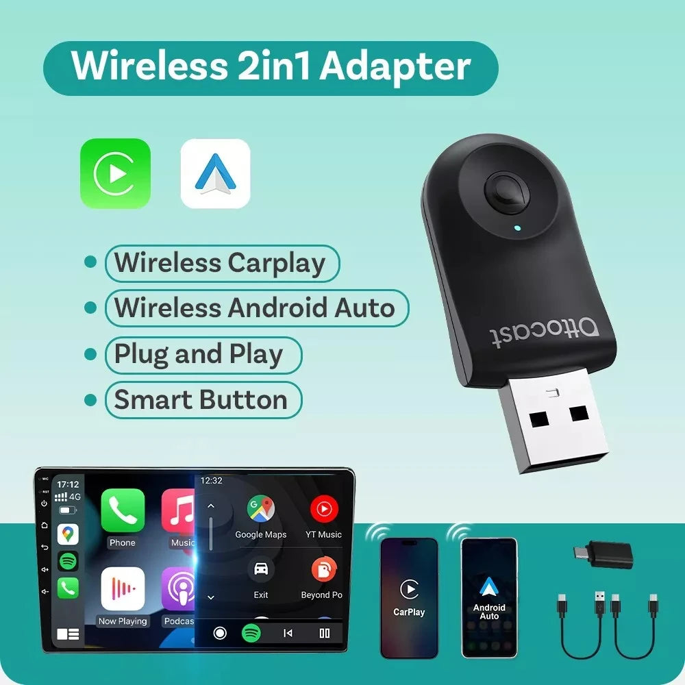 OTTOCAST 2-In-1 Mini Wireless Carplay Android Auto Adapter One-Click Disconnect Dongle for Toyota Audi Mercedes-Benz Volkswagen