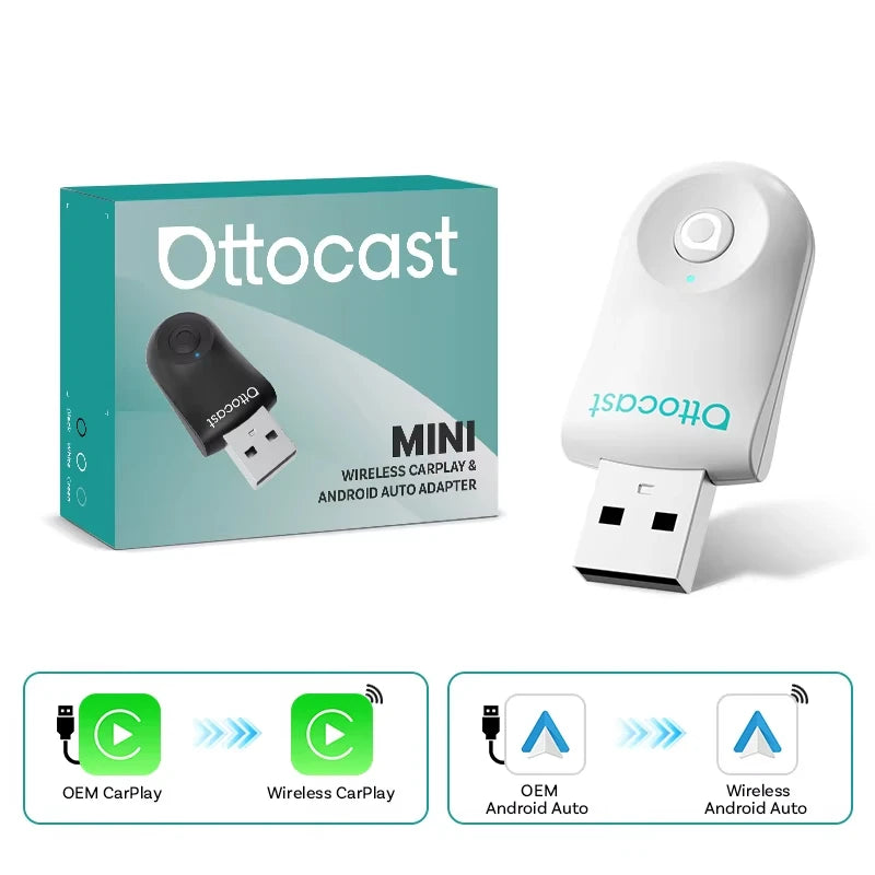 OTTOCAST 2-In-1 Mini Wireless Carplay Android Auto Adapter One-Click Disconnect Dongle for Toyota Audi Mercedes-Benz Volkswagen