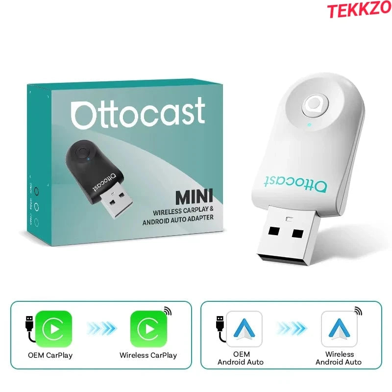 Ottocast mini wireless CarPlay and Android Auto adapter with packaging and icons showing USB to wireless connection