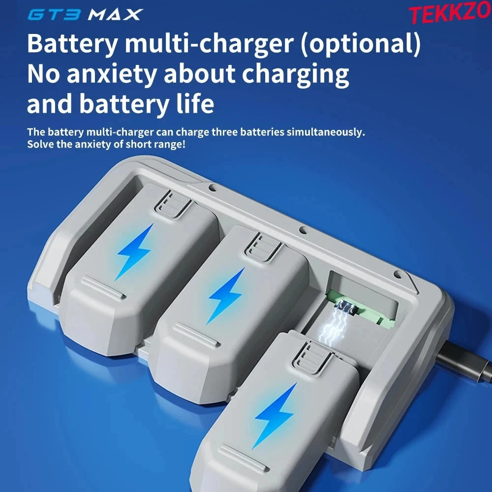 GT3 MAX battery multi-charger charging three batteries simultaneously on blue background