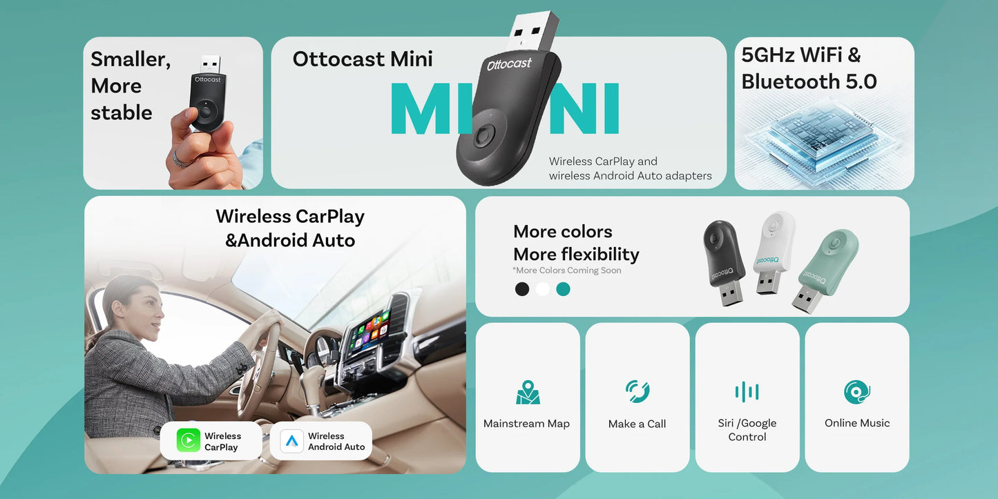 OTTOCAST 2-In-1 Mini Wireless Carplay Android Auto Adapter One-Click Disconnect Dongle for Toyota Audi Mercedes-Benz Volkswagen