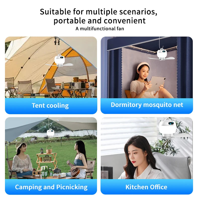 2025 New Remote Control Timer Portable Outdoor Ceiling Camping Fan Tent Air Circulator Cooler LED Lantern Camping Fan LED Light