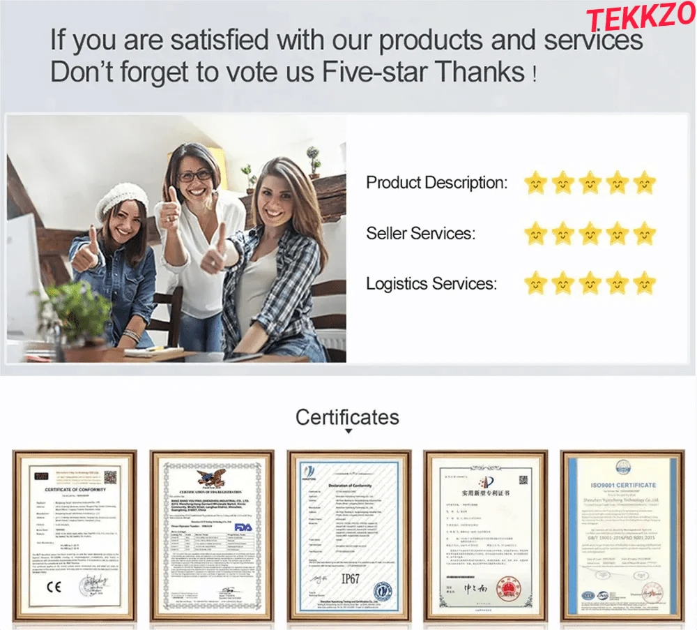 Three women smiling and thumbs up beside five-star product and service ratings with framed certificates