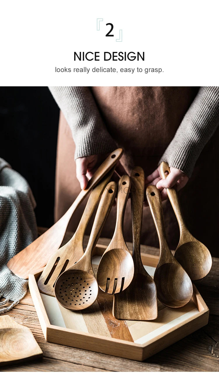 9PCS Wooden Spoons For Cooking, Wooden Utensils For Cooking With Utensils Holder, Teak Wooden Kitchen Utensils Set