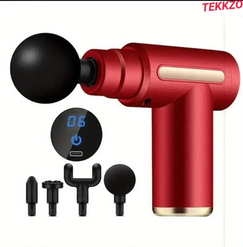 Red handheld massage gun with digital display and four interchangeable black massage heads