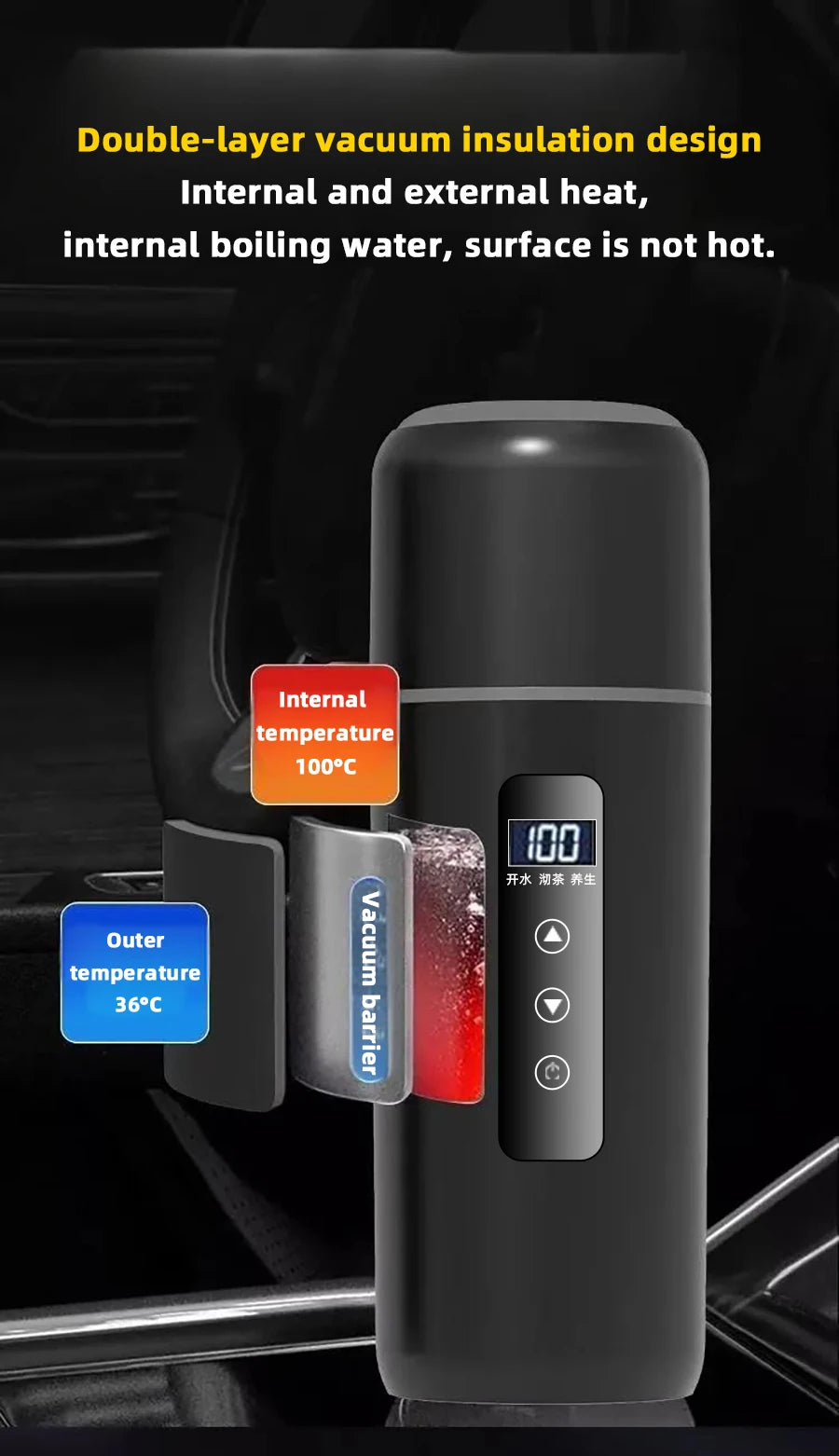 Electric kettle 12V 24V portable car heating cup 500 ml travel heating smart stainless steel insulation artifact OLED display