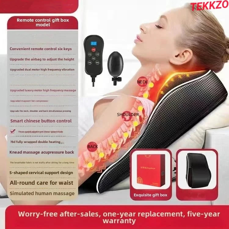 Person using S-shaped cervical support massager for neck, shoulder, and back with remote control