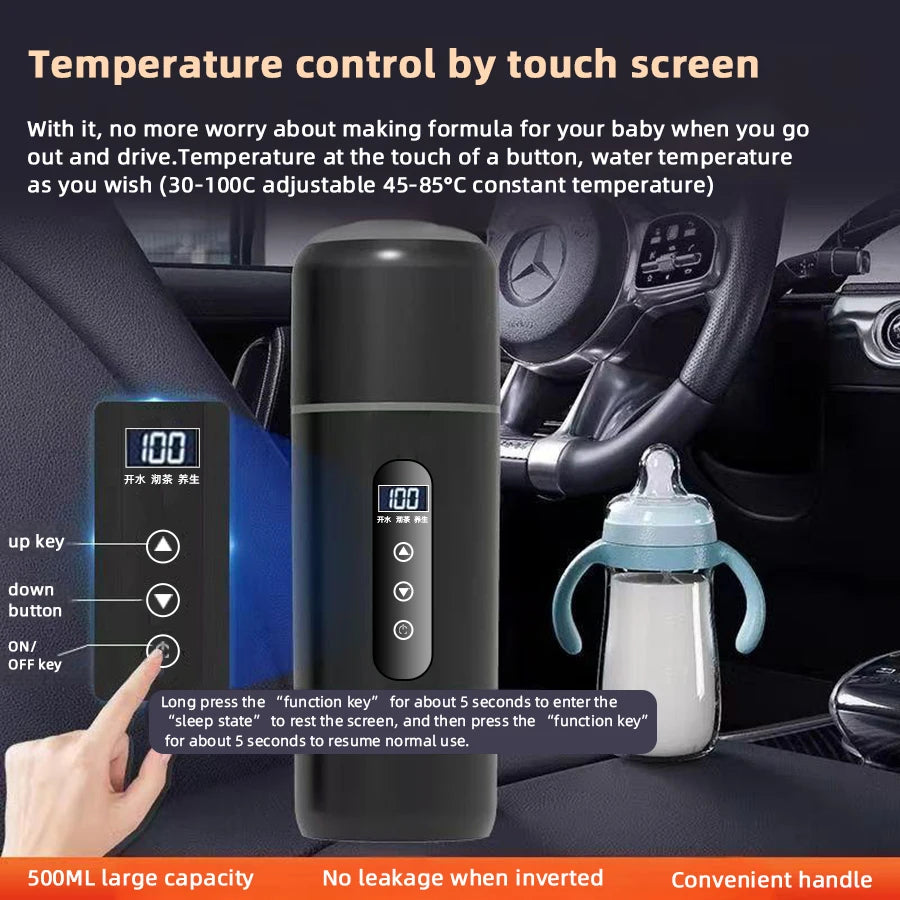 Electric kettle 12V 24V portable car heating cup 500 ml travel heating smart stainless steel insulation artifact OLED display