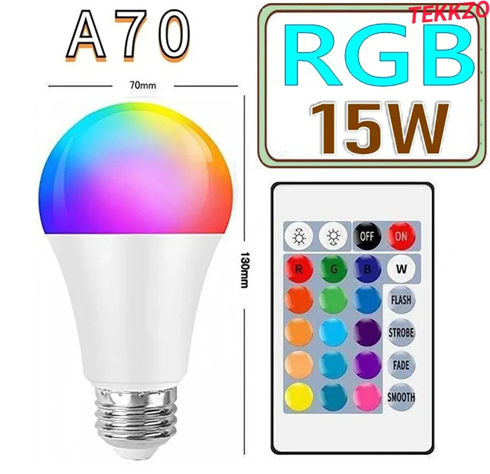 A70 RGB 15W color-changing LED bulb with remote controller and size dimensions