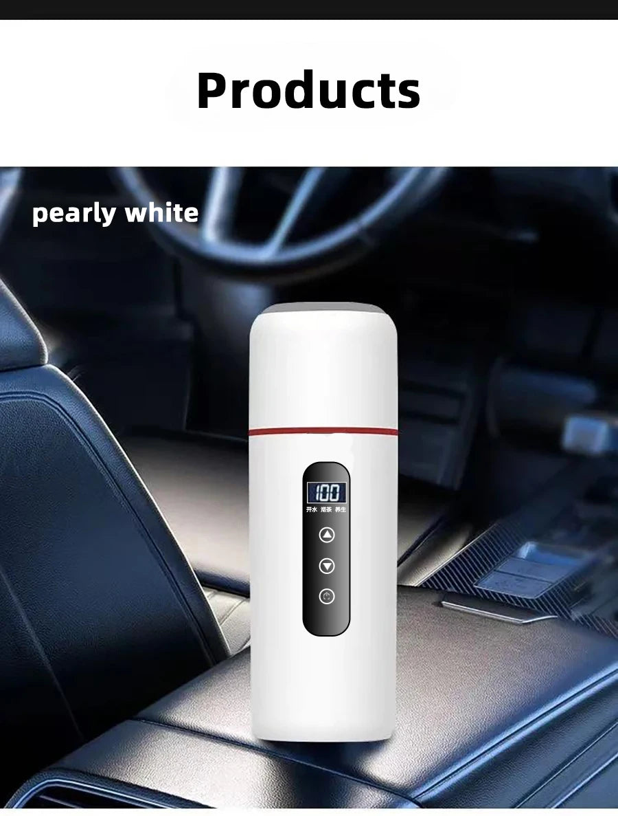 Electric kettle 12V 24V portable car heating cup 500 ml travel heating smart stainless steel insulation artifact OLED display