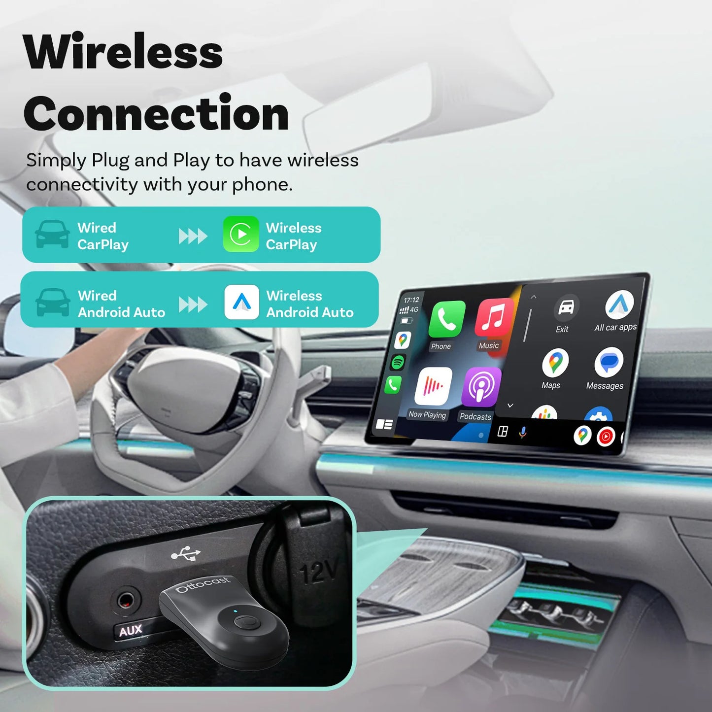 2025 New OTTOCAST MINI Wireless Android Auto CarPlay Adapter Box Bluetooth Car Accessories for iPhone for Samsung Google Phone