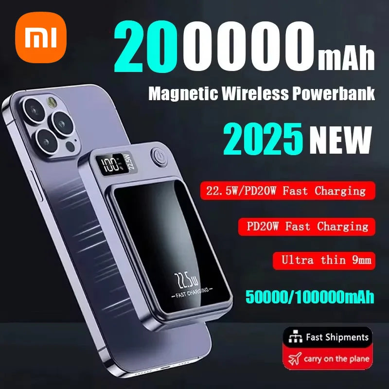 Xiaomi 200000mAh Power Bank Magnetic Wireless 22.5W Ultra Capacity Super Fast Charging Power Bank For Iphone16 Samsung 2025
