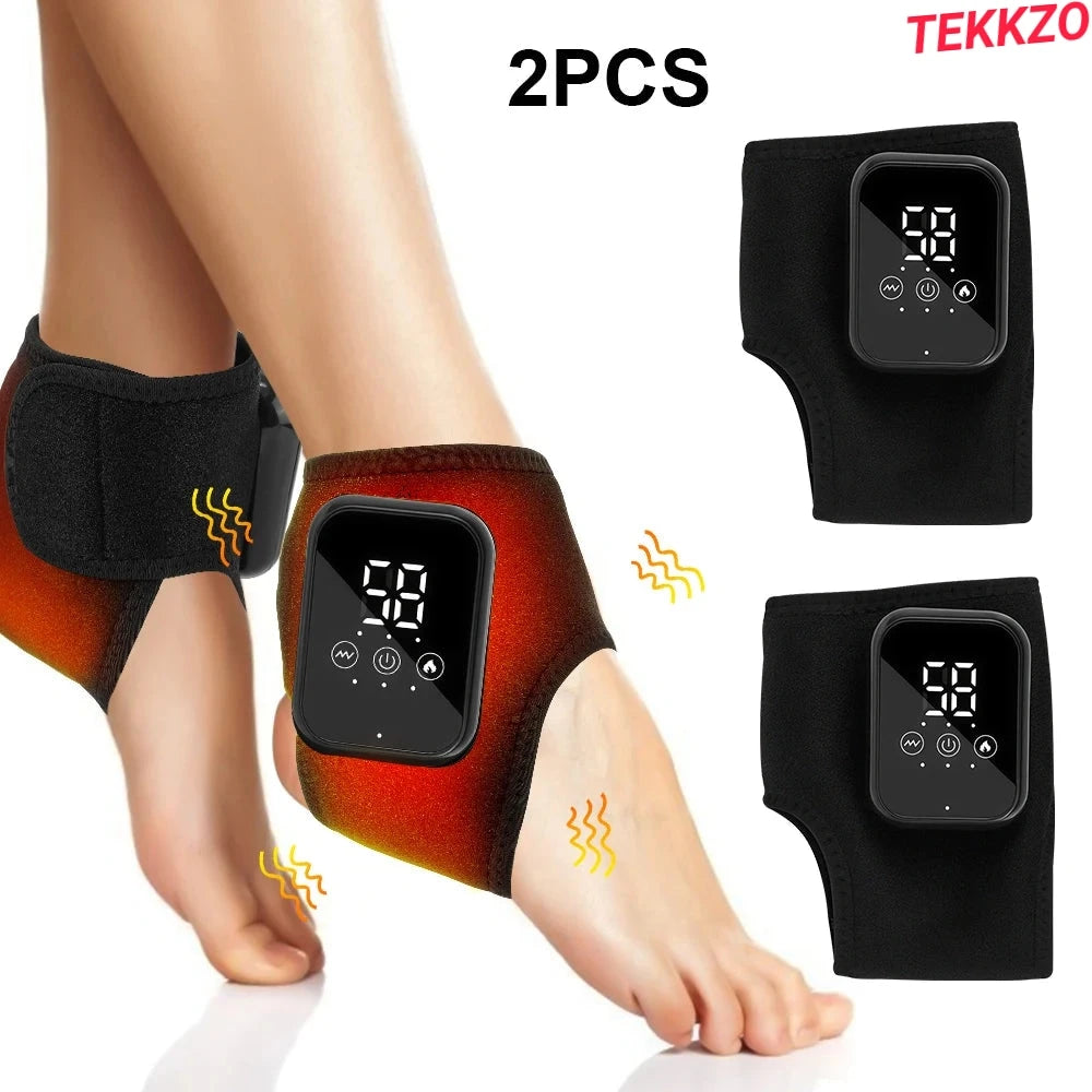 Two black electronic heated ankle wraps with digital display worn on feet for pain relief and therapy