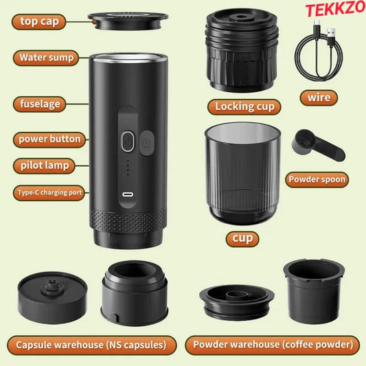 Black portable coffee maker parts labeled including water sump, power button, Type-C port, locking cup, powder spoon, and USB wire