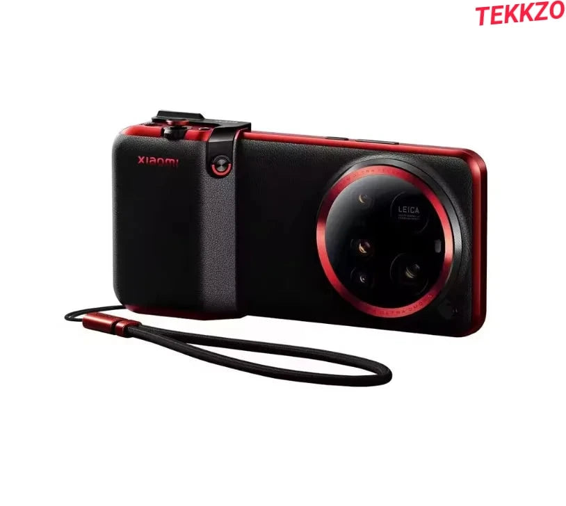 Xiaomi smartphone with Leica camera lenses and black red grip case with wrist strap