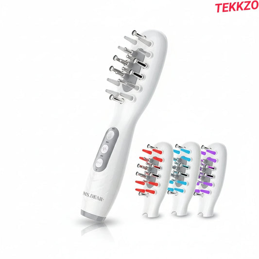 White electronic hair scalp massager brush with metal prongs and three colorful interchangeable heads