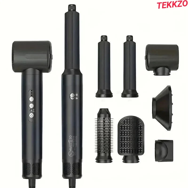 Black multifunctional hair dryer with various styling attachments on white background