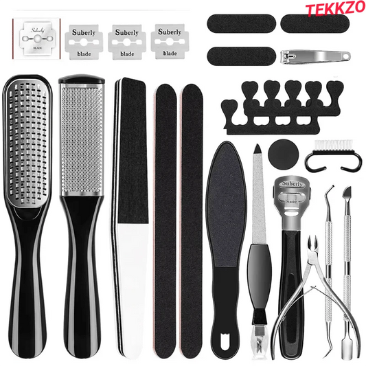 Complete pedicure and manicure grooming kit with nail files, clippers, cuticle tools, and replacement blades