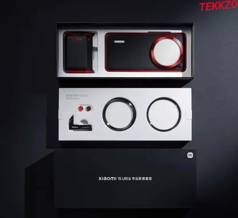 Xiaomi 15 Ultra camera kit with black and red camera body, battery, and accessories in sleek packaging