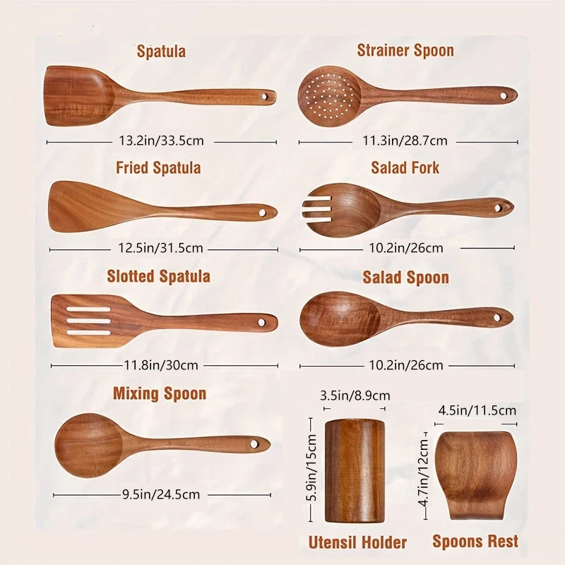 9PCS Wooden Spoons For Cooking, Wooden Utensils For Cooking With Utensils Holder, Teak Wooden Kitchen Utensils Set