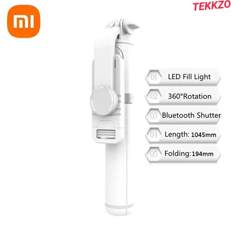 Xiaomi white selfie stick with LED fill light, 360° rotation, Bluetooth shutter, 1045mm length, 194mm folding