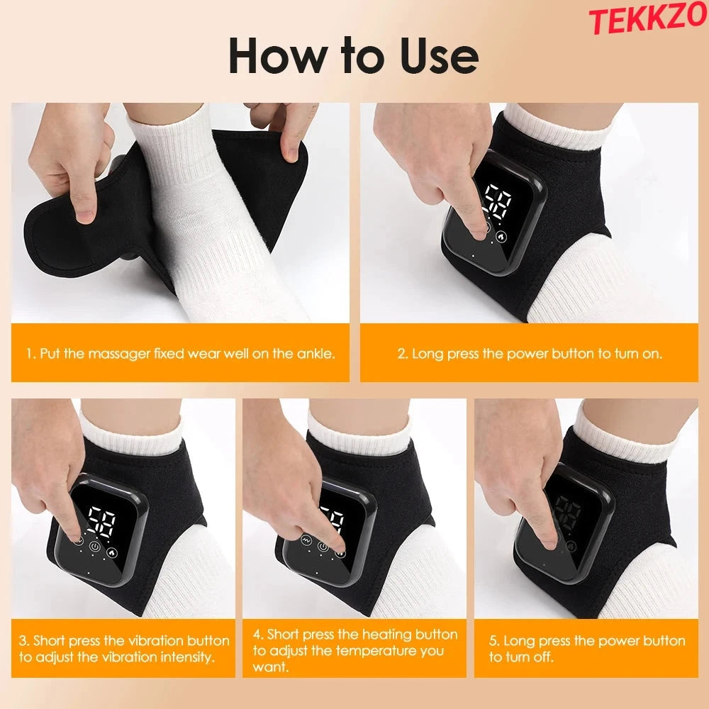 How to use ankle massager with adjustable vibration and heating settings, worn on ankle over white sock