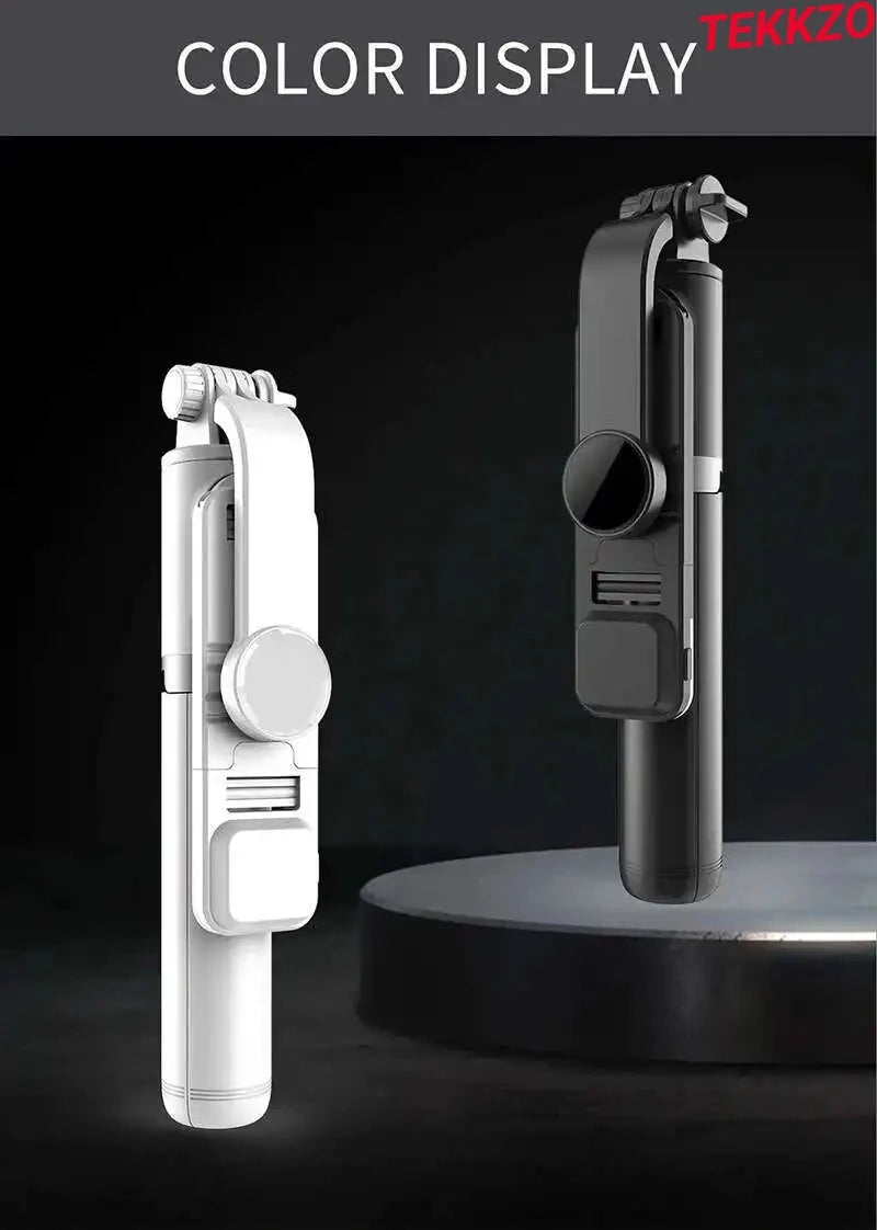 White and black handheld gimbal stabilizers displayed on dark background with color display text