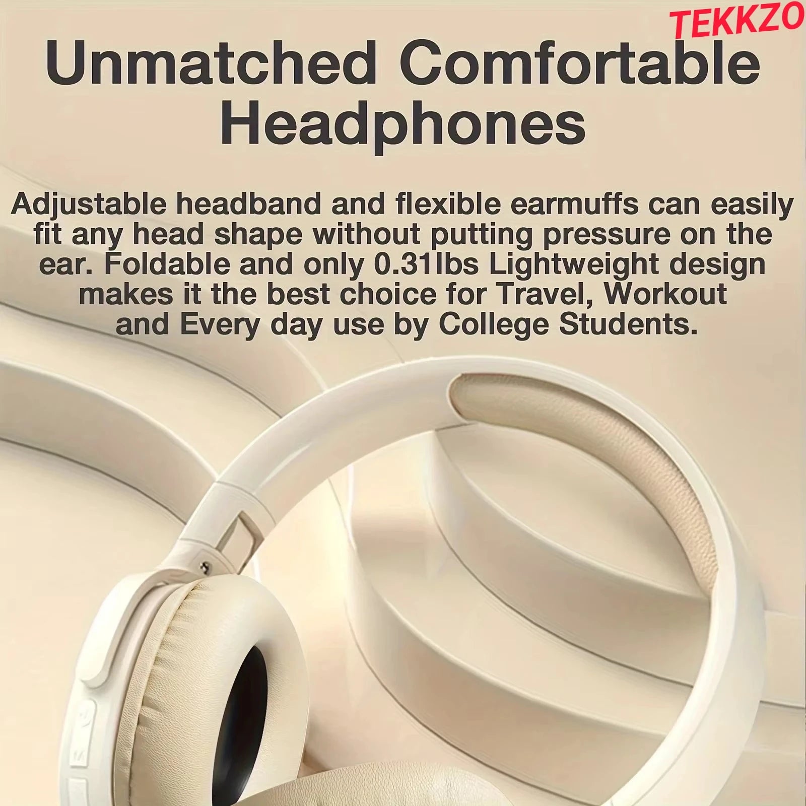 Cream-colored lightweight foldable headphones with adjustable headband and soft earmuffs