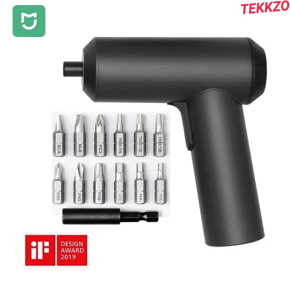 Black electric screwdriver with 12 metal bits and iF Design Award 2019 logo