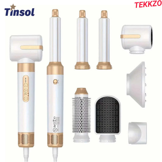 Tinsol white and gold hair styling set with curling barrels, hairbrush, and diffuser attachments