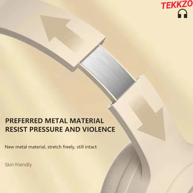 Close-up of beige headphones with metal headband, showing stretchable, skin-friendly material