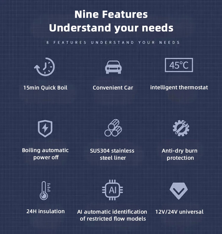 Electric kettle 12V 24V portable car heating cup 500 ml travel heating smart stainless steel insulation artifact OLED display