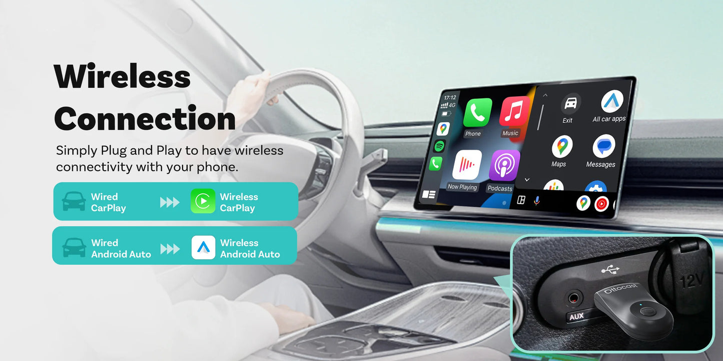 OTTOCAST 2-In-1 Mini Wireless Carplay Android Auto Adapter One-Click Disconnect Dongle for Toyota Audi Mercedes-Benz Volkswagen