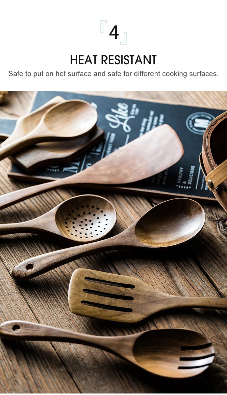9PCS Wooden Spoons For Cooking, Wooden Utensils For Cooking With Utensils Holder, Teak Wooden Kitchen Utensils Set