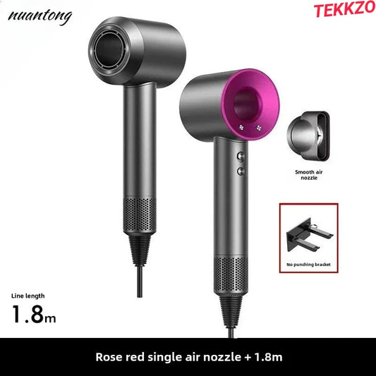 Modern gray hair dryer with rose red single air nozzle, smooth air nozzle attachment, and 1.8m cord length