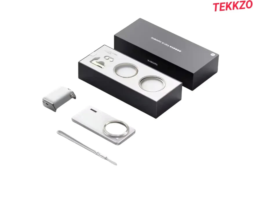 Xiaomi camera lens kit with macro lenses, lens case, and cleaning tool in black and white packaging