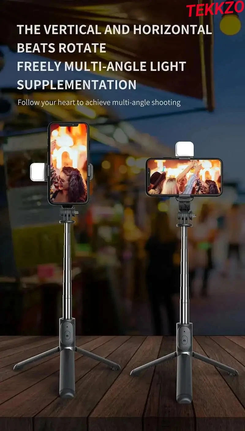Two adjustable smartphone tripods with LED lights showing vertical and horizontal phone positions for multi-angle shooting