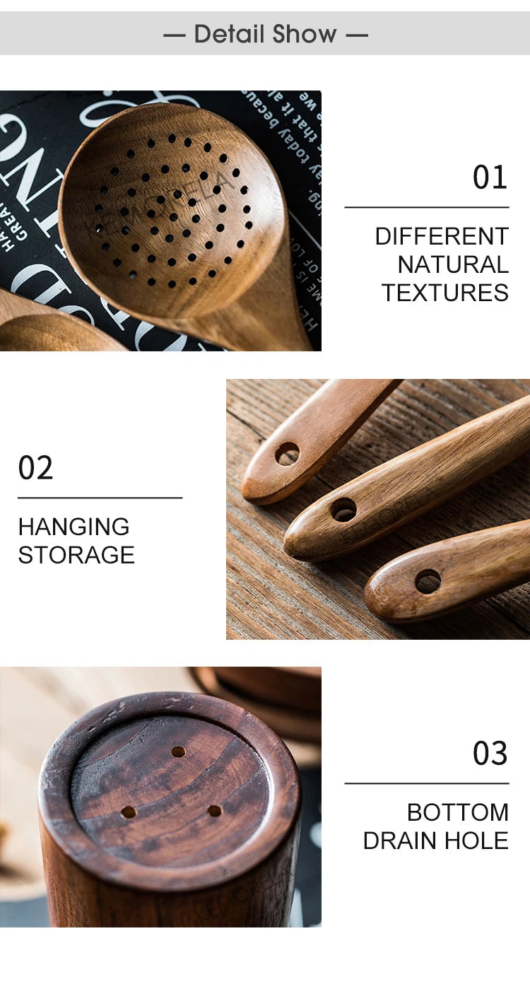 9PCS Wooden Spoons For Cooking, Wooden Utensils For Cooking With Utensils Holder, Teak Wooden Kitchen Utensils Set