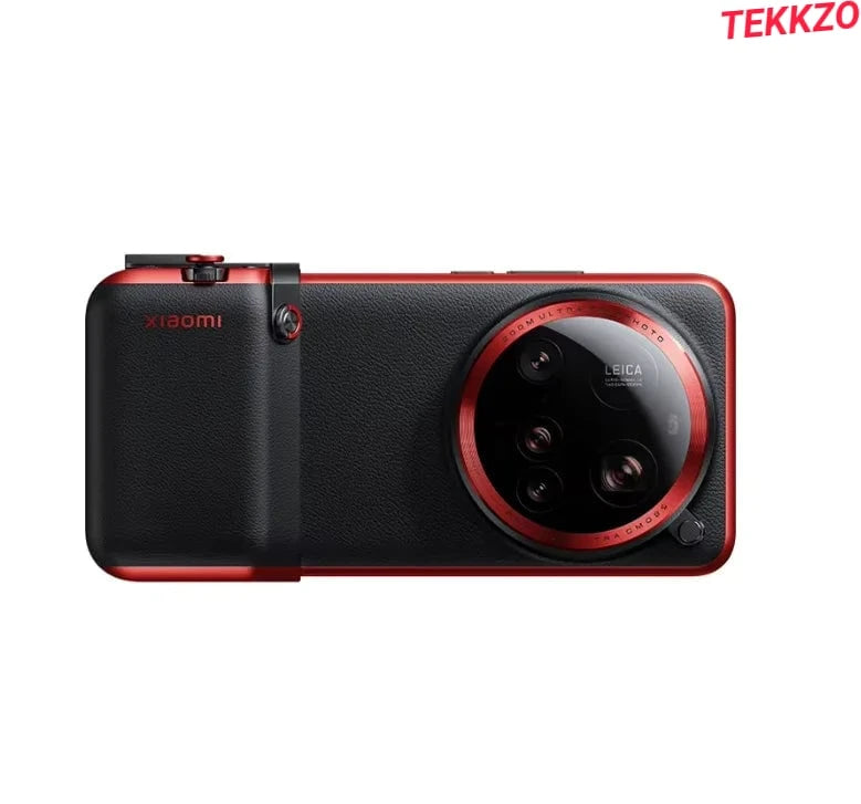 Xiaomi smartphone with Leica ultra camera, black textured back and red accents