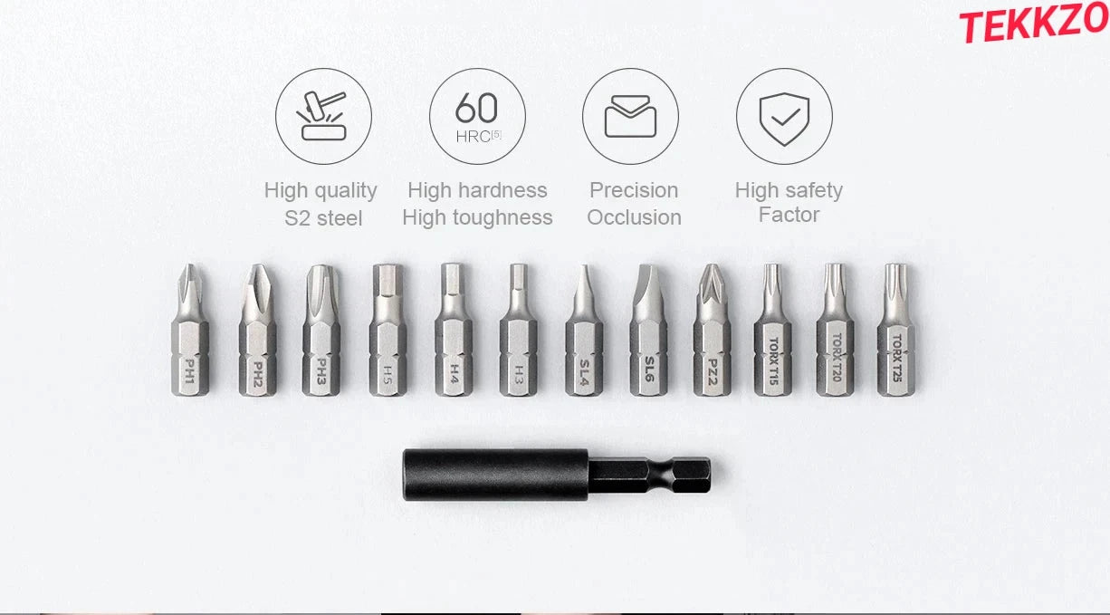 Set of high quality S2 steel screwdriver bits with black magnetic adapter and durability icons
