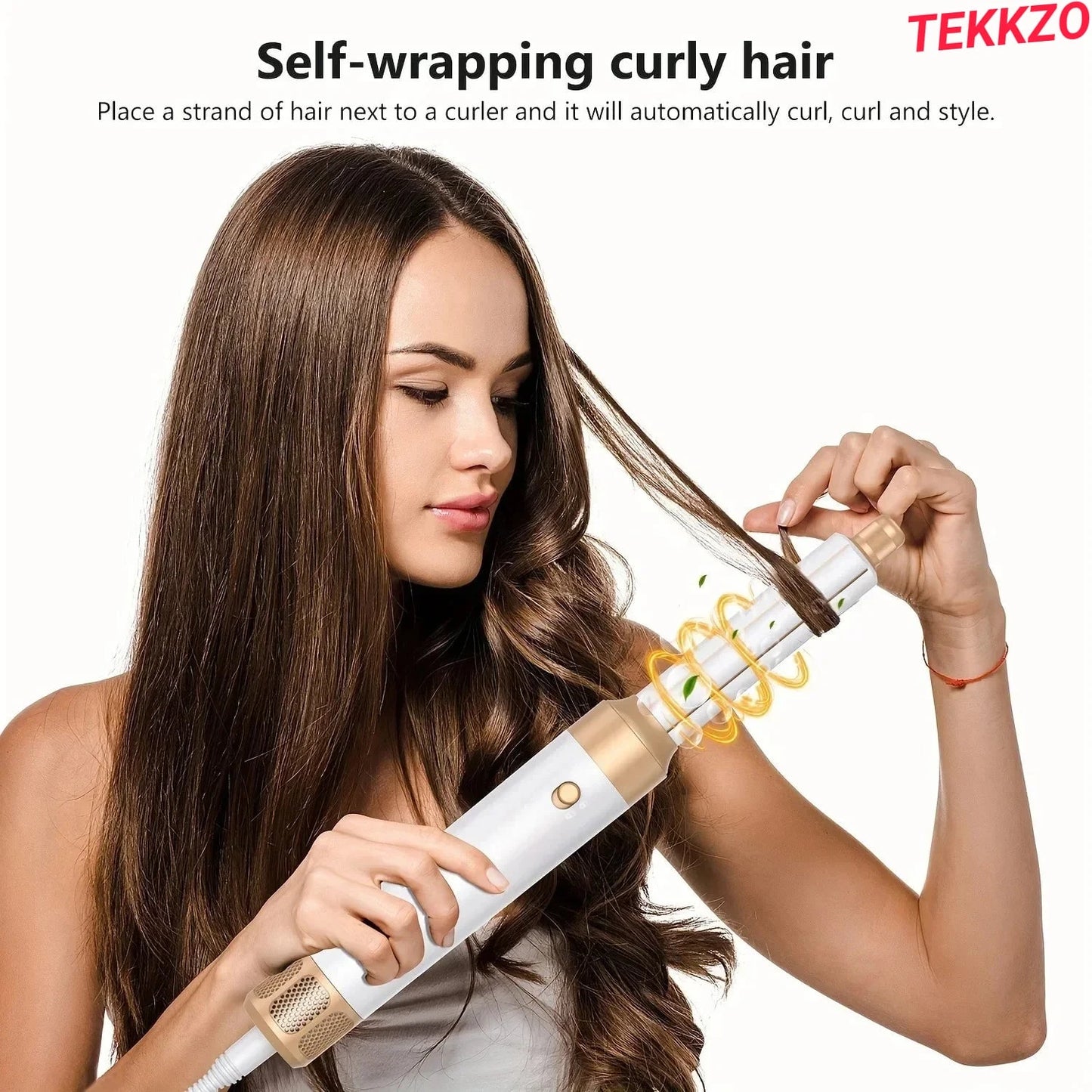 Woman using automatic self-wrapping hair curler on long brown hair, styling curls