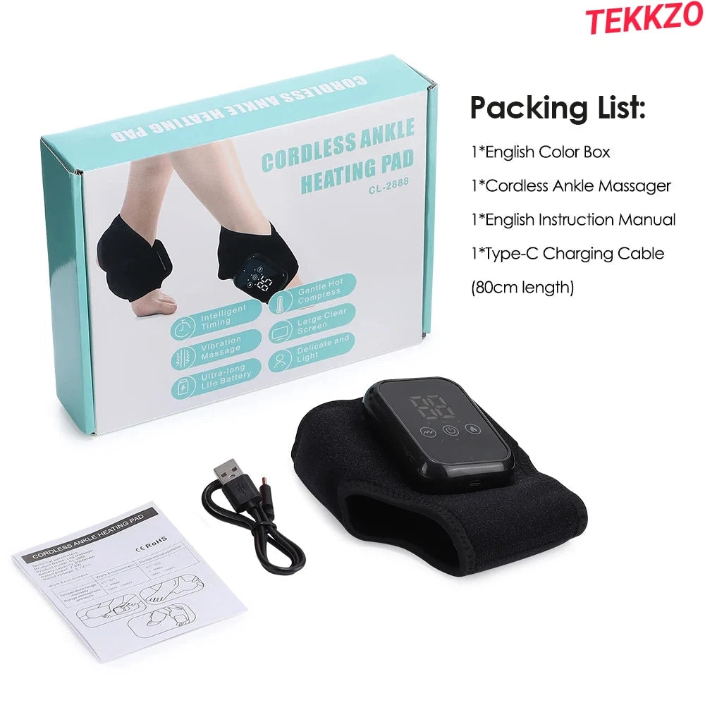 Cordless ankle heating pad with digital screen, USB Type-C cable, instruction manual, and packaging box
