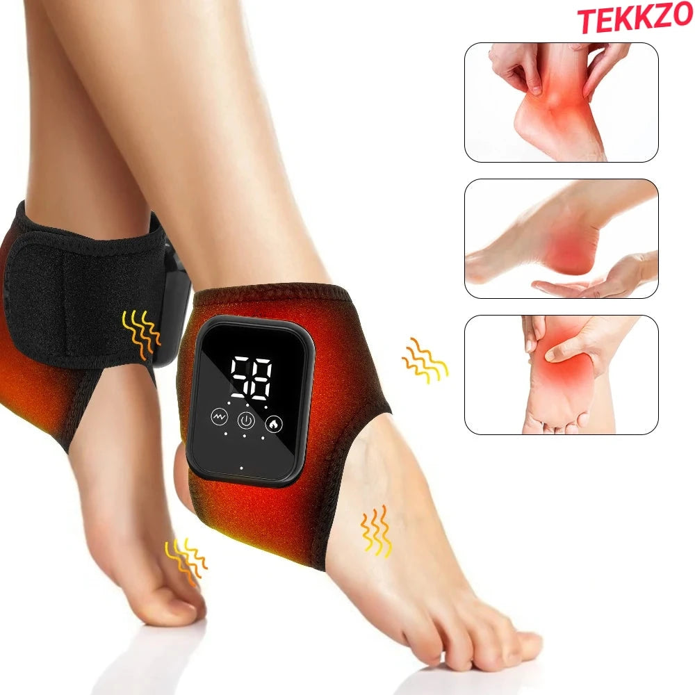 Electronic ankle massager on foot with digital display, relieving heel and ankle pain
