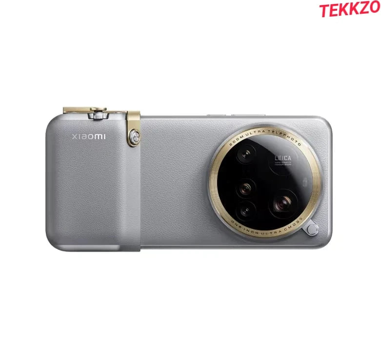 Xiaomi smartphone with large Leica triple camera and gold-accented lens ring in gray textured finish
