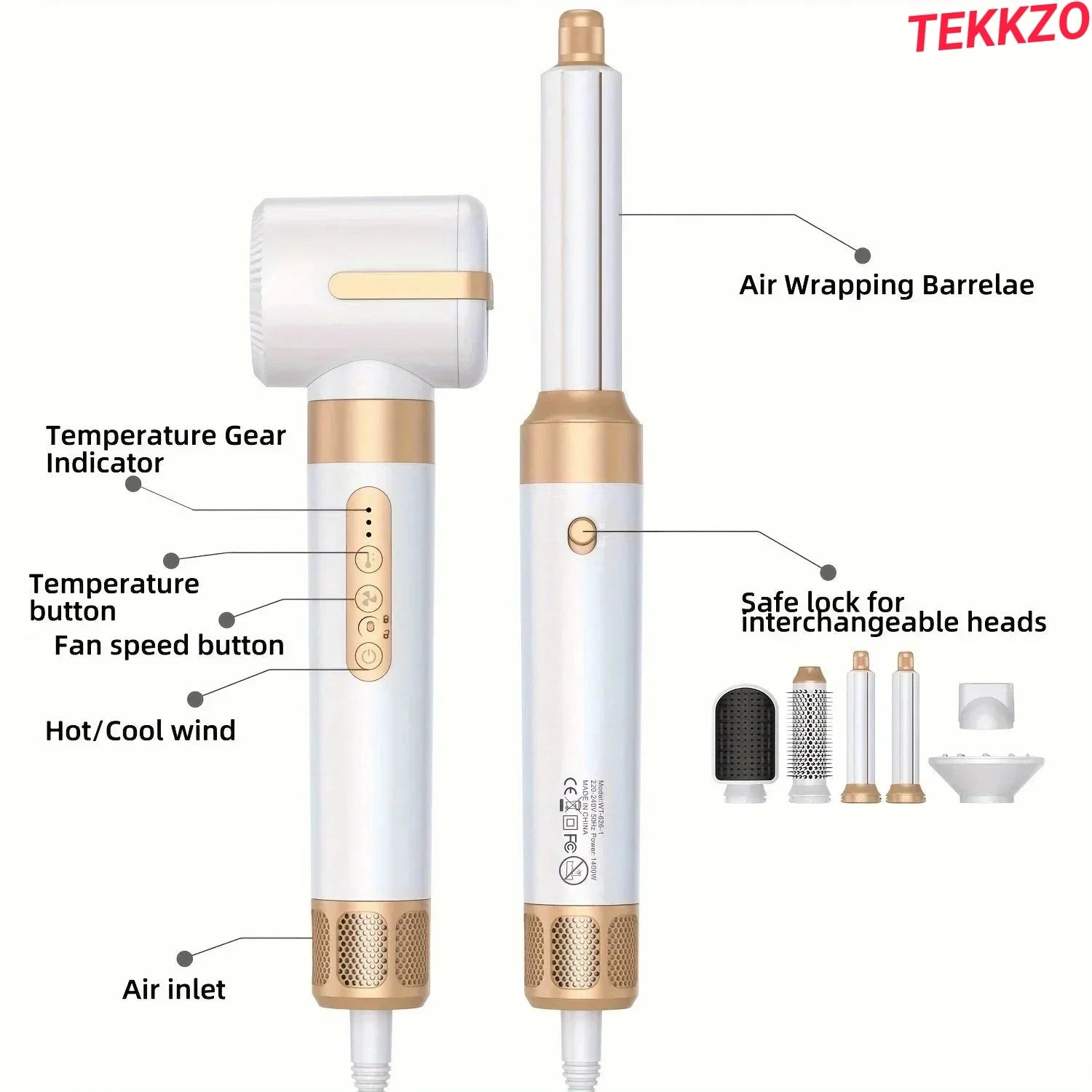 White and gold hair styling tools with interchangeable heads, including air wrapping barrel and temperature controls
