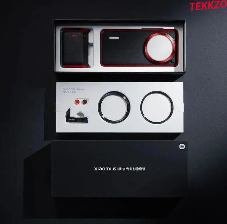 Xiaomi 15 Ultra smartphone imaging accessories kit with lenses, case, and components in black and red packaging