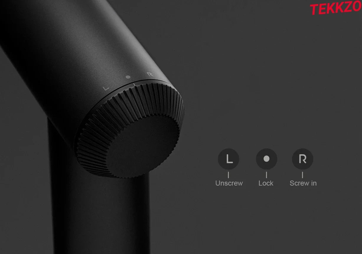 Close-up of black adjustable knob with L and R markings and instructions to unscrew, lock, and screw in