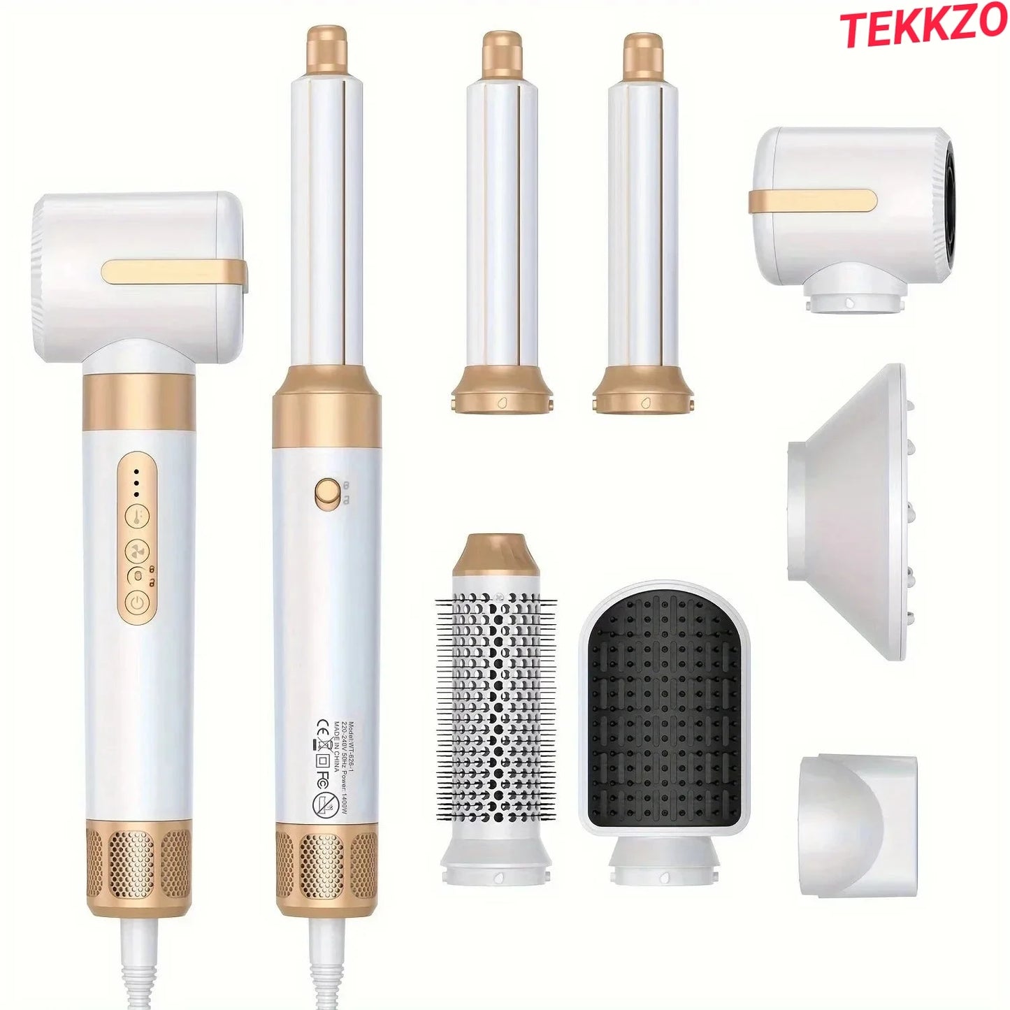 White and gold multifunctional hair styling tool set with curling wands, brush, diffuser, and blow dryer attachments